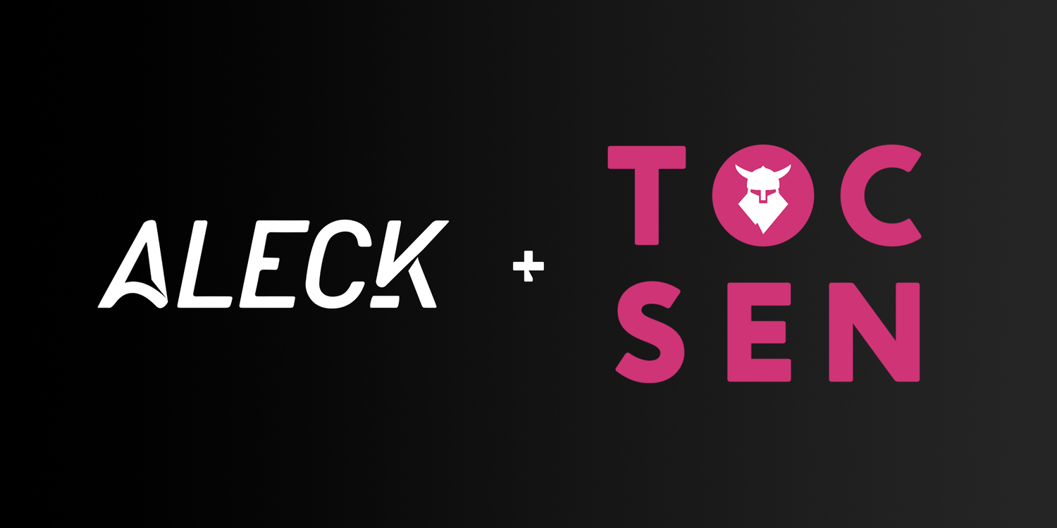 Aleck and Tocsen logos on black gradient, brand acquisition of helmet crash-sensor technology