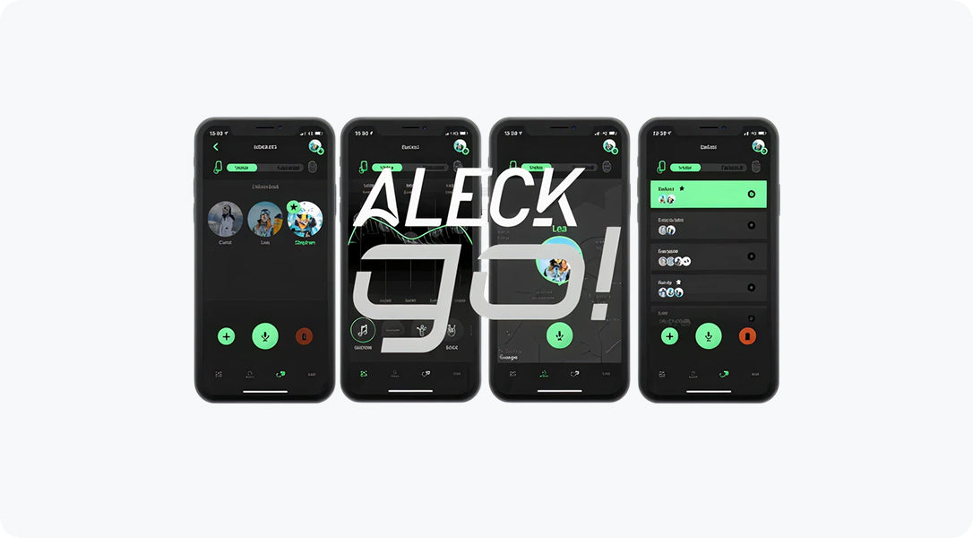 Aleck Go app interface on smartphones, showing controls for helmet audio and communication features