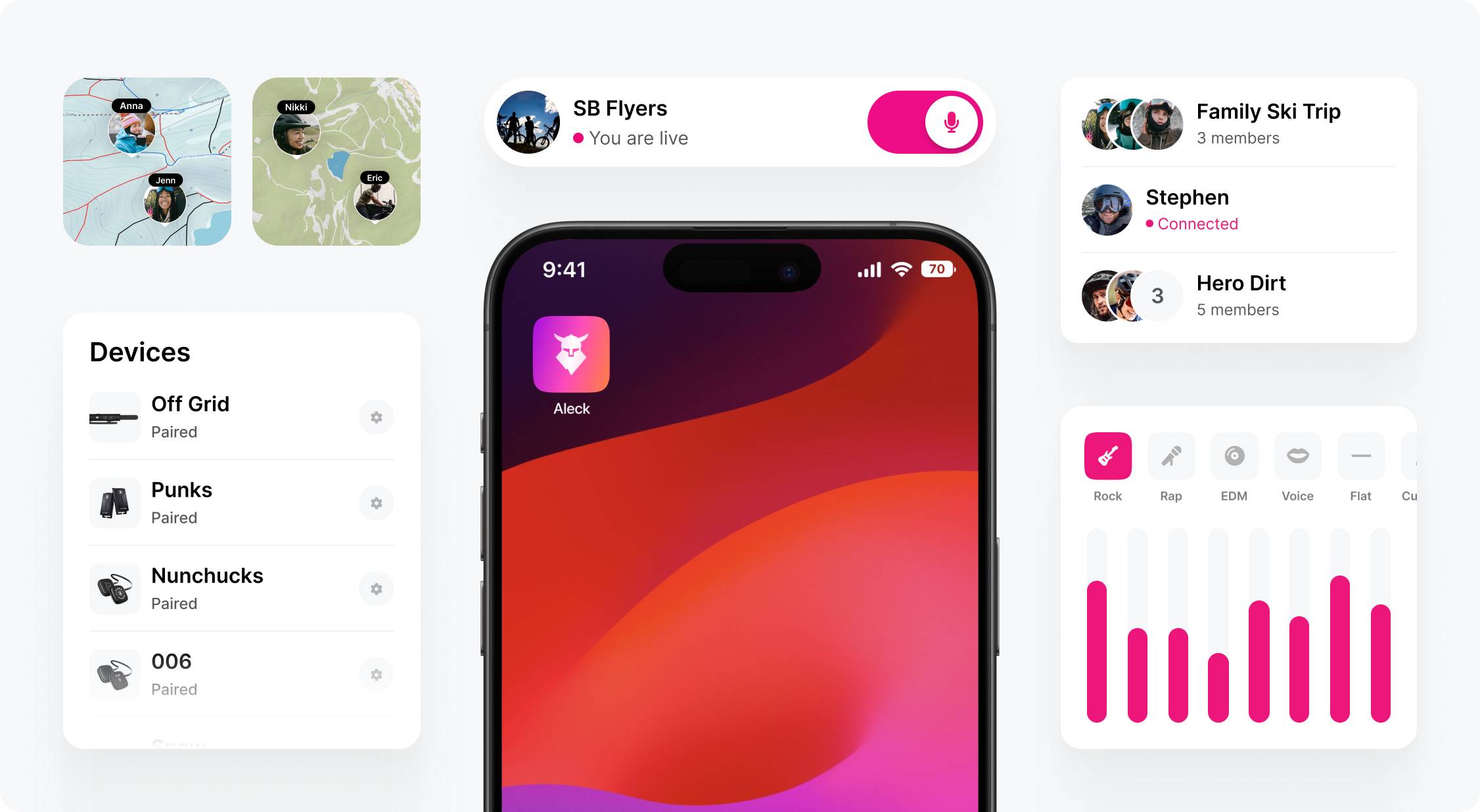 Aleck Connect App interface showing GPS group tracking, audio settings, and paired devices on iPhone screen