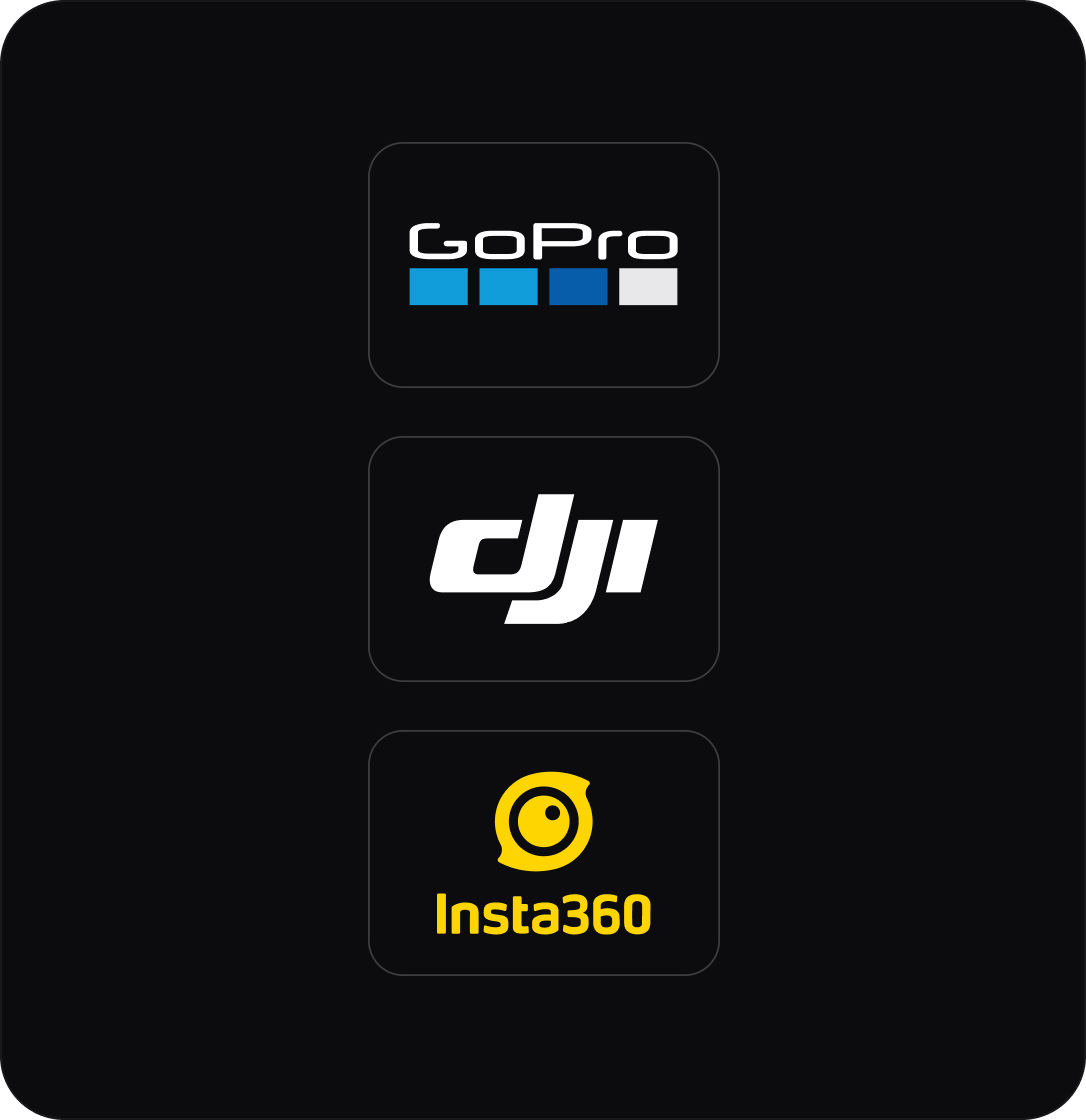 Logos of GoPro, DJI, and Insta360 on a black background