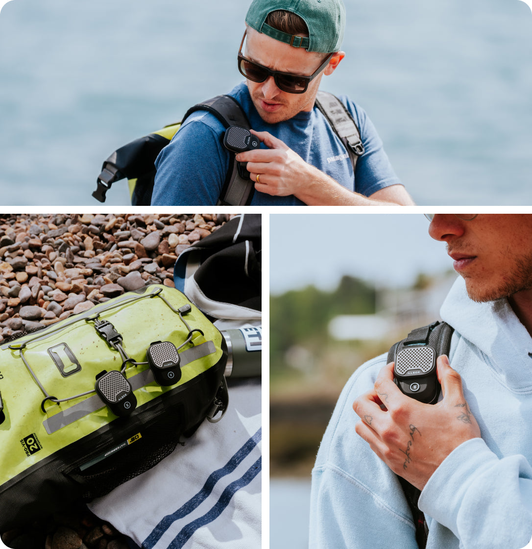 Aleck ROX shown in real-world use: on backpack, chest strap, and duffel