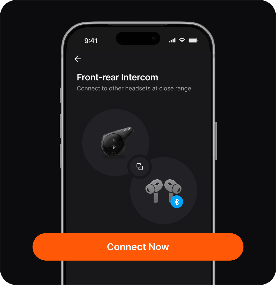 Smartphone displaying a front-rear intercom app with a 'Connect Now' button on a black background