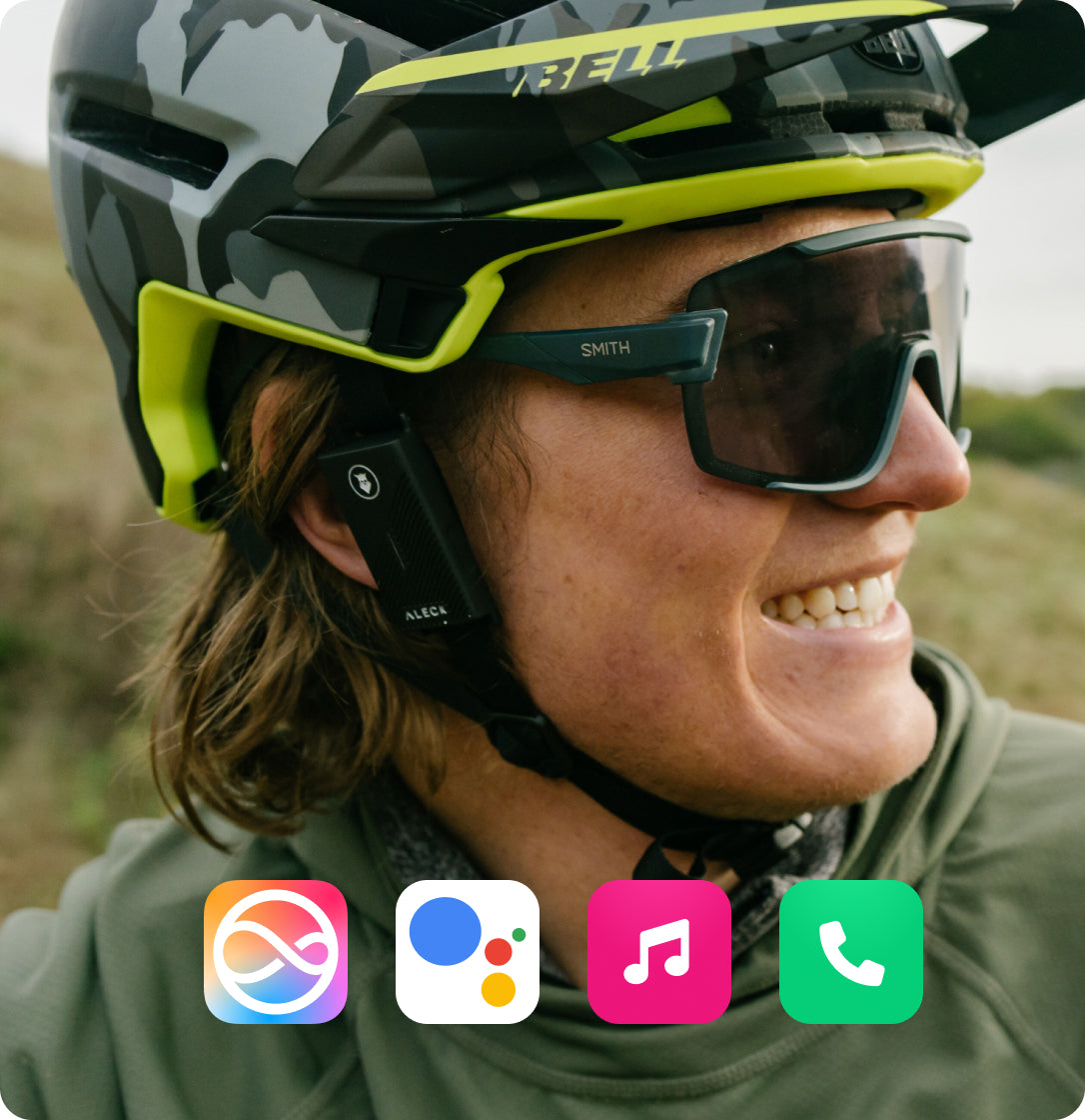 Cyclist wearing Aleck Punks Bluetooth helmet speakers
