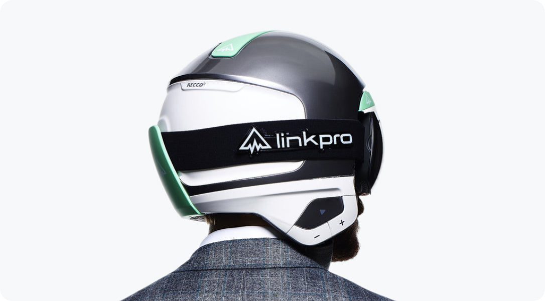 Close-up of the original LinkPro snow helmet with integrated audio and communication system