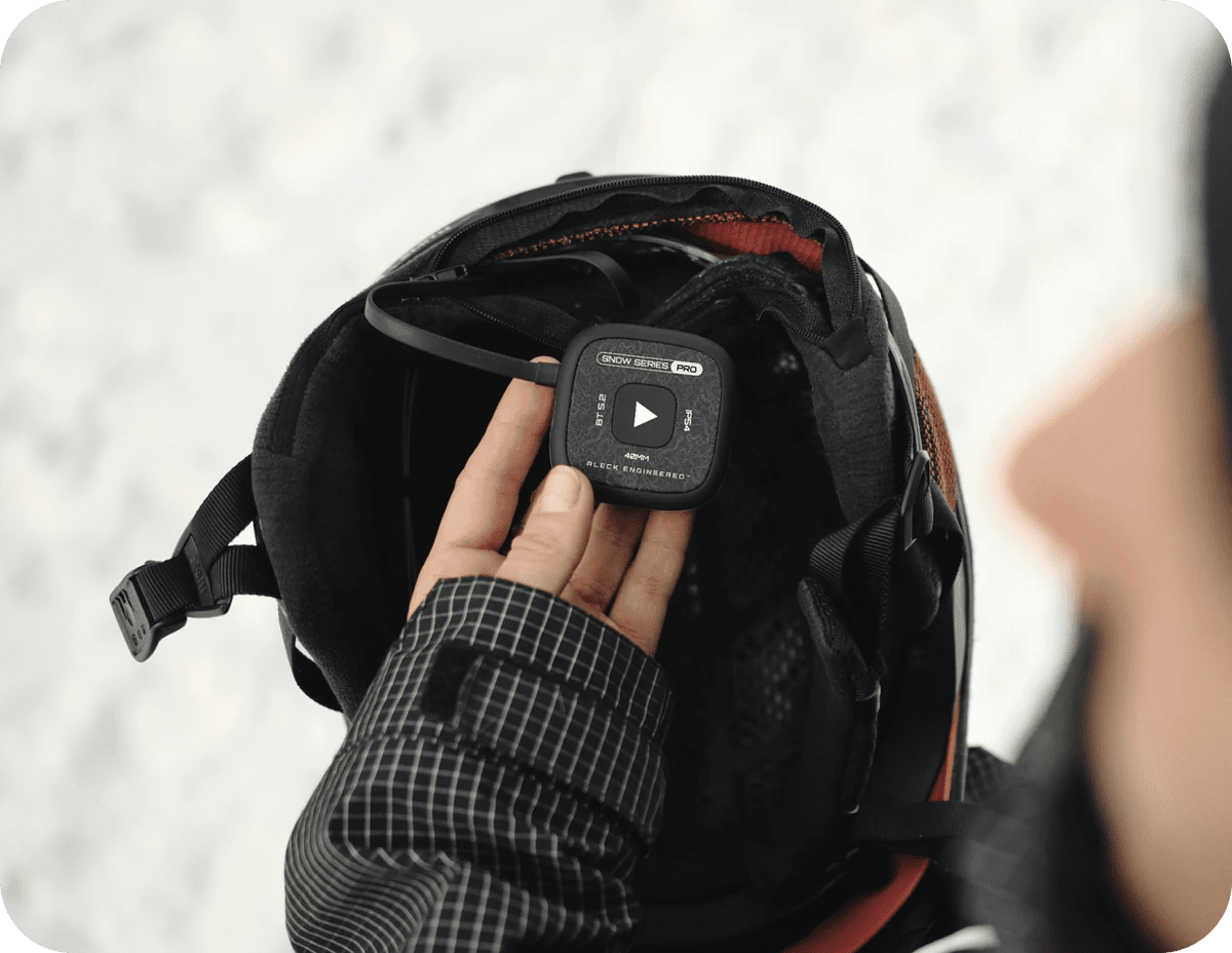 Speakers dropping into a snow helmet
