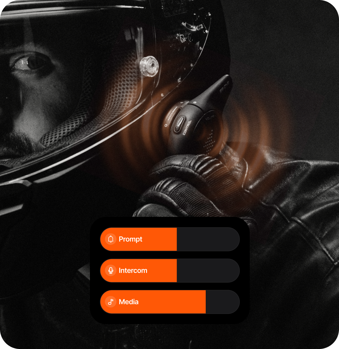 Close-up of a person wearing a motorcycle helmet with communication options displayed.