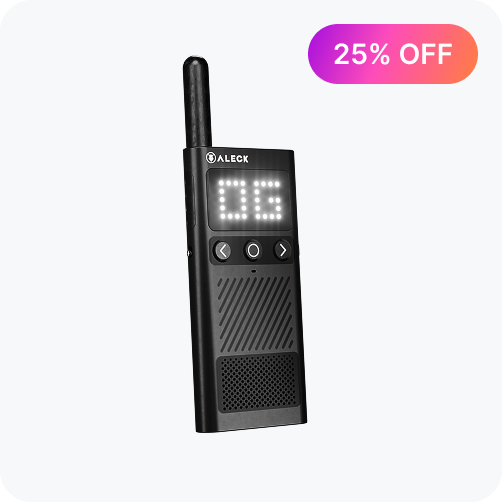 Black walkie talkie with digital display on a white background, featuring a 25% off badge.
