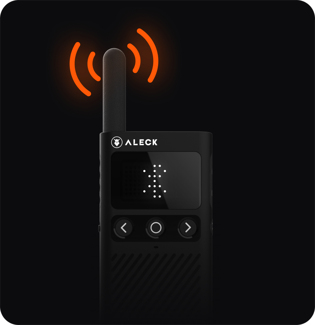Black walkie-talkie with Aleck branding on a dark background