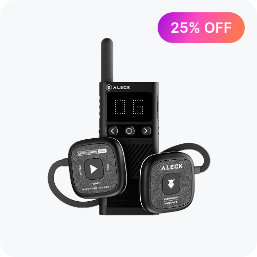 Aleck two-way radio set with remote controls on a white background, featuring a 25% off label.
