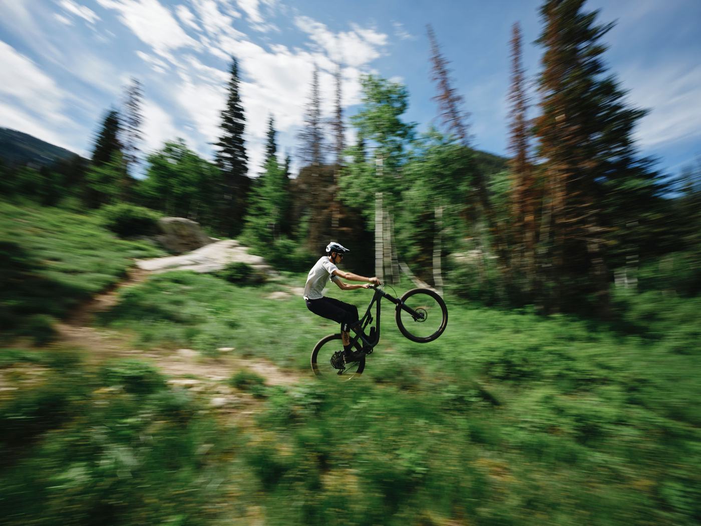 Mountain biker pulling a wheelie