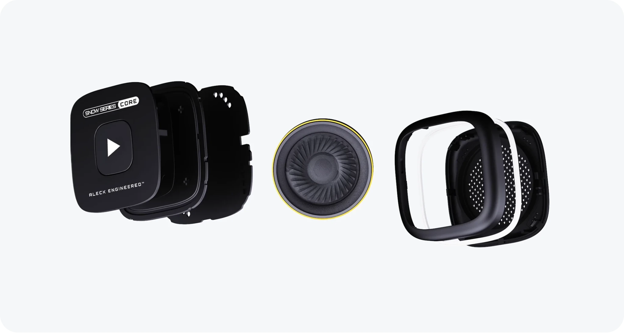 Snow Series Core shown apart: housing, 40mm driver and ear pads