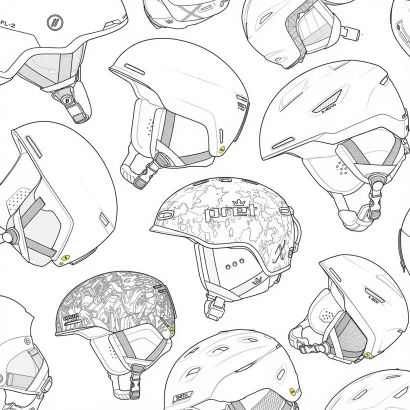Line drawings of audio-ready snow helmets