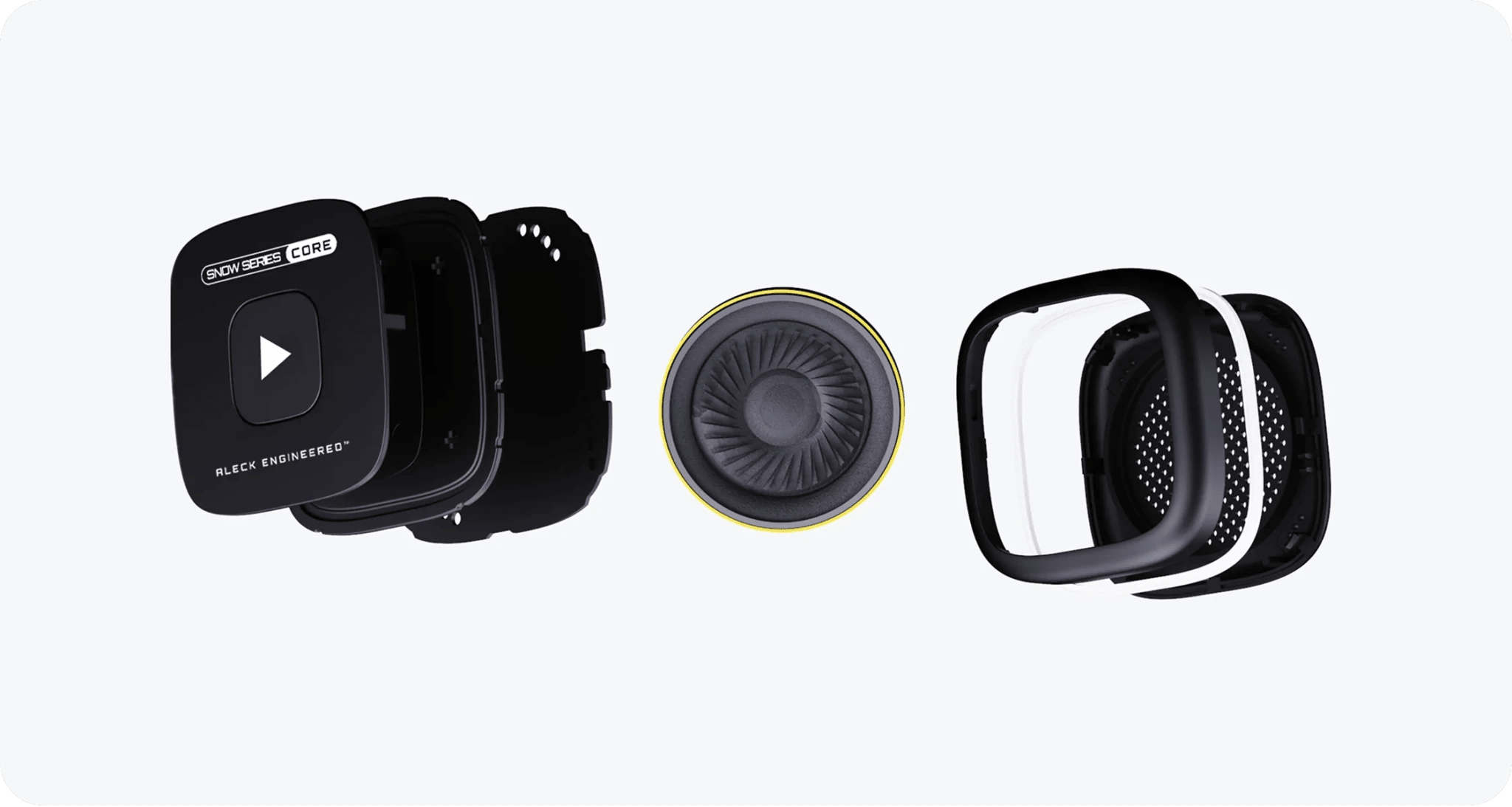 Snow Series Core shown apart: housing, 40mm driver and ear pads